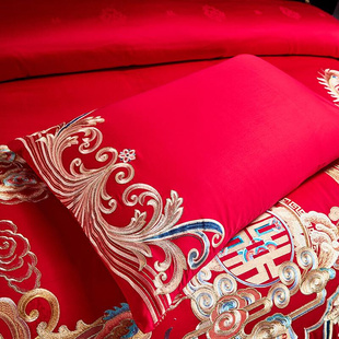 高端新中式 婚庆长绒棉四件套大红纯棉龙凤结婚全纯棉被套床上用品