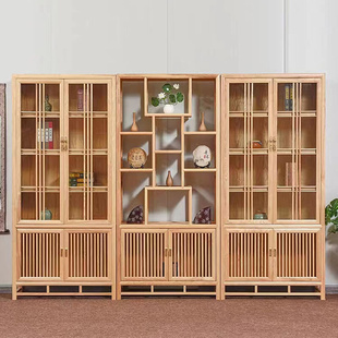 中式 实木书柜带门老榆木书柜书橱全实木展示柜带玻璃落地书架定制