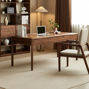 北美黑胡桃书桌北欧约长方形写字桌家用书房设计师全实木桌子