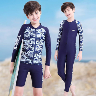 男童分体泳衣夏儿童中大童学生连体长袖 防晒速干泳装 胖青少年套装