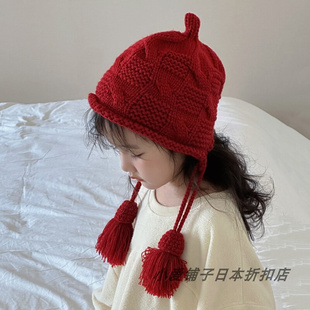 新款 保暖加厚可爱流苏毛线针织帽儿童 日本kazuki女童帽子2023冬季