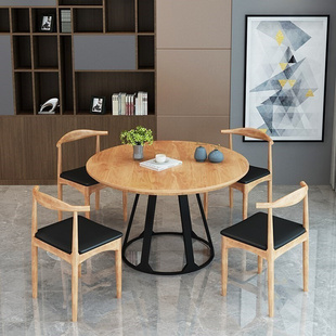 小户型休闲咖啡厅圆桌工业风铁艺简约洽谈桌椅美式 loft实木圆餐桌