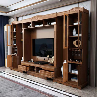 中式 实木电视背景柜组合墙柜多功能客厅整体墙酒柜一体书柜音响柜