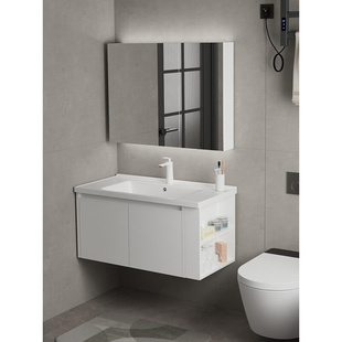 新款 智能304不锈钢浴室柜组合白色简约卫生间洗手洗脸面盆镜柜洗