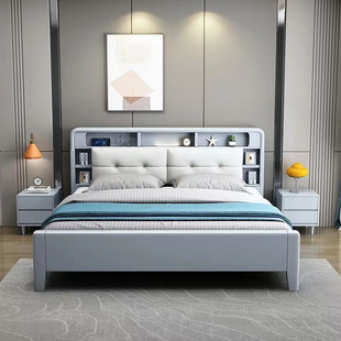 北欧实木床现代简约1.8主卧软靠高箱储物大床1.5米床头夜灯充电床