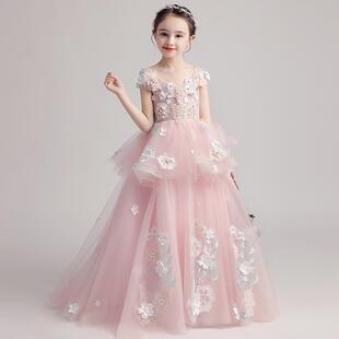 儿童礼服公主裙粉色花童女童走秀拖尾小主持人大童钢琴演奏演出服
