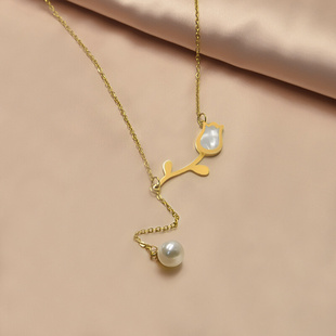 韩版 新款 珍珠郁金香项链小众百搭高级感钛钢锁骨链时尚 饰品女
