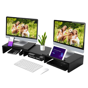 厂家现货木质双屏电脑显示器收纳架长度可调可旋转桌面置物架