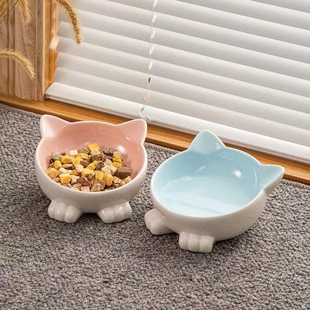 可爱猫碗陶瓷小猫饭盆防打翻矮脚猫专用保护颈椎斜口食盆饮水盆碗