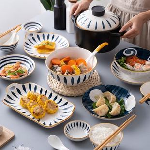 家用日式 陶瓷碗盘餐具创意网红碗筷双耳带盖汤碗餐盘组合 碗碟套装
