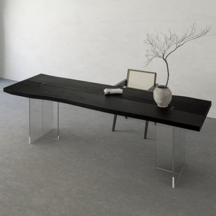 侘寂风亚克力悬浮餐桌碳化黑色原木大板桌工作台实木板定制白蜡木