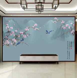 8d新中式 电视背景墙壁纸自粘墙纸山水玉兰花鸟壁画沙发影视墙壁布