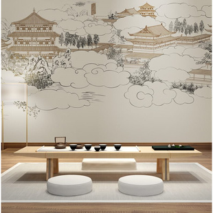 新中式 电视背景墙壁纸客厅卧室影视墙壁画书房办公室壁布线描阁楼