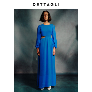 迪塔莉夏季 新款 Dettagli 多瑙河蓝色不对称长袖 连衣裙女 时尚