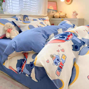 史迪仔蓝色床上用品四件套儿童卡通床品宿舍三件套男被套学生床单