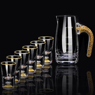 创意一口杯家用分酒器壶中式 酒具 轻奢高档水晶玻璃金箔白酒杯套装