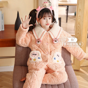 女童法兰绒草莓熊套装 Sincgo儿童睡衣冬季 法国Fad 三层夹棉加厚款