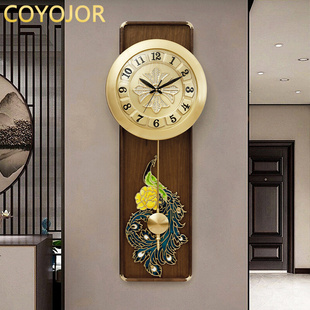 新款 中国风黄铜实木钟表家用创意装 饰挂钟客厅新中式 大气静音时钟