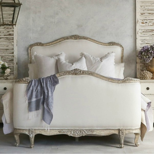 复古做旧实木雕花床法式 布艺软包床1.8米卧室双人床橡木婚床 美式