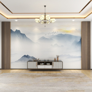 定制电视背景墙壁纸2024新中式 山水壁布壁画大气客厅沙发影视墙布