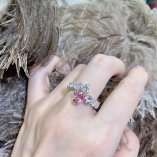 vintage韩国ins小众奢华粉色心形钻石戒指 满高碳钻气质浪漫指环