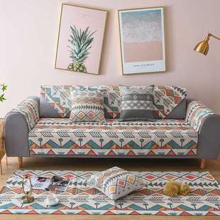 通用网红复古几何时尚 棉线防滑沙发垫客厅组合沙发罩巾 沁苑四季