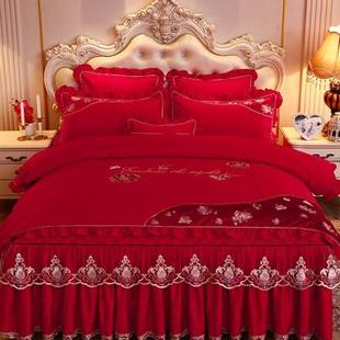四件套床裙款 婚庆大红色夹棉夏天蕾丝花边公主风1.8m床上套件 欧式