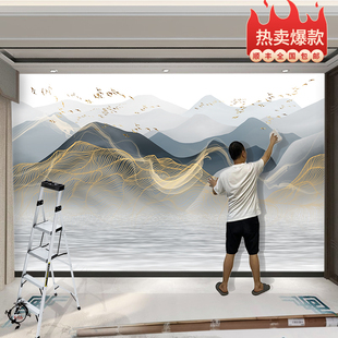 新中式 水墨线条电视背景墙壁纸现代轻奢抽象客厅沙发壁画卧室墙布