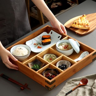 五格寿司套装 一人份民宿餐具多格分餐竹盒甜品碟火锅分格竹盘 日式
