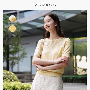 VGRASS宝相花蕾丝拼接针织衫 女夏季 新款 黄色减龄上衣VZZ3O24160