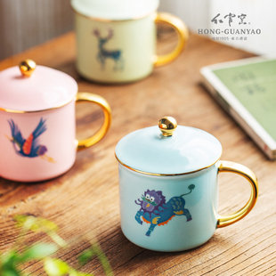 红官窑茶杯 陶瓷杯马克杯带盖咖啡杯醴陵瓷器釉下彩水杯个人专用