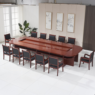 包邮 会议室长桌多人实木皮会议桌椭圆形油漆简约开会培训桌椅组合