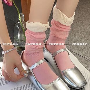 薄款 粉色中筒袜百搭芭蕾风小腿袜 少女拼色堆堆袜日系可爱袜子夏季