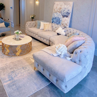 现代简约布艺转角沙发组合法式 轻奢风弧形拉扣高端家居家具 美式