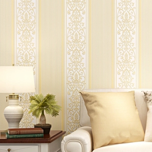 现代简约卧室3D立体客厅米黄竖条纹无纺布墙纸欧式 电视背景墙壁纸