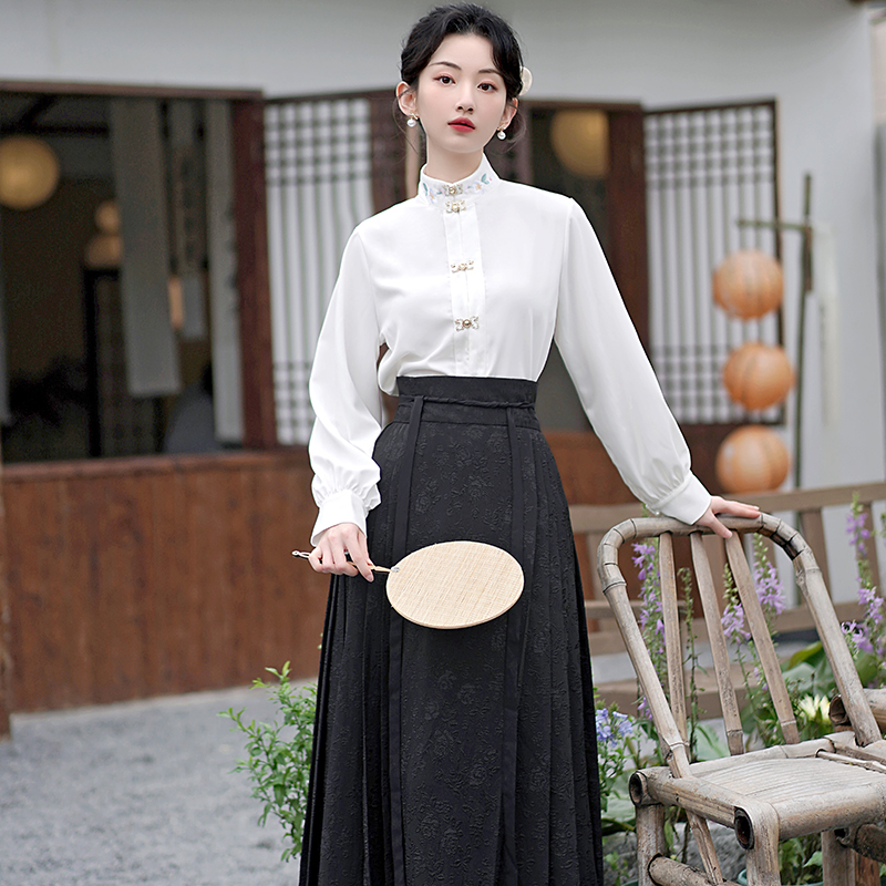 新中式 国风衬衫 通勤黑色马面裙上衣改良汉服日常衬衣套装 两件套