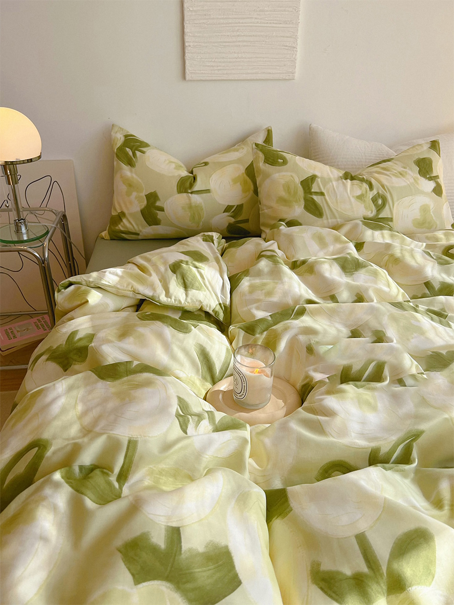 春天 渲染油画风郁金香纯棉四件套氛围感绿色全棉床品1.8米 温柔