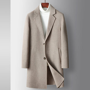 男式 大衣2022新款 秋冬纯手工双面呢大衣中青年纯色中长款 羊毛风衣