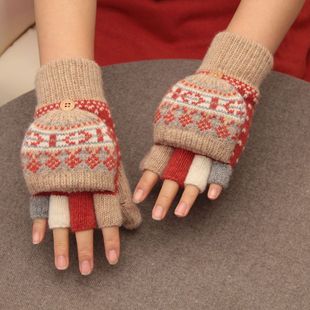 日系翻盖两用羊毛加绒加厚保暖手套冬季 男女情侣学生写字露指防寒