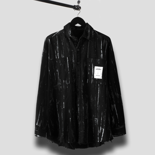 男衬衣 衬衫 暗黑系个性 原创设计秋冬装 创意拨漆撞色宽松方领长袖