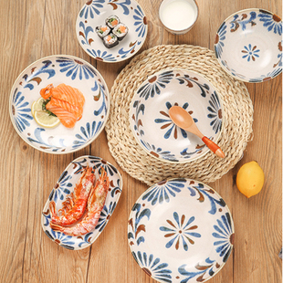 日本进口美浓烧陶瓷餐具冲绳花釉下彩日式 家用饭碗盘碗碟深盘菜盘