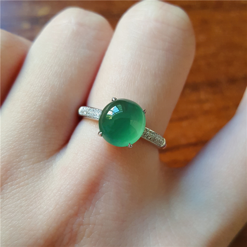 汉桑原创翡翠戒指女纯天然冰种翡翠水润绿蛋镶嵌18K金玉戒指指环