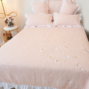 韩国ins水洗棉床盖三件套绗缝夹棉床单单件公主风花边空调被四季