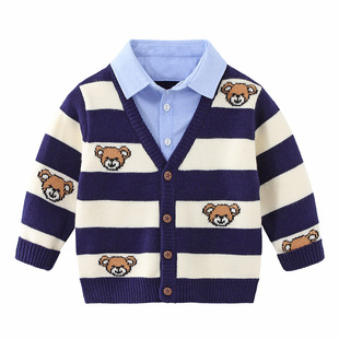 毛线衣8967 儿童假两件衬衣领长袖 外套洋气春季 男童毛衣开衫 新款