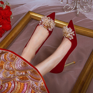 婚鞋 新娘鞋 春女2024新款 红色细高跟鞋 秀禾服结婚鞋 不累脚敬酒中式