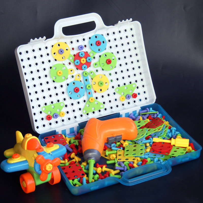 螺丝配对宝宝益智玩具电钻套装 礼品盒 儿童拼图蘑菇钉插板插珠拼装