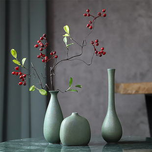 现代简约复古磨砂绿陶瓷小花瓶禅意摆件 创意插花器瓷器 客厅装 饰