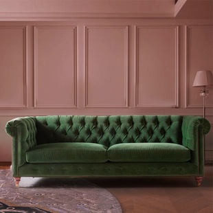 美式 复古民宿拉扣墨绿色三人沙发简欧田园小户型客厅丝绒直排沙发