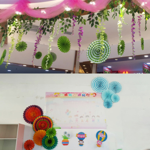 新年商场橱窗空中吊饰纸扇幼儿园走廊挂饰教室环境布置彩扇花装 饰
