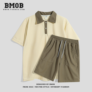 BMOB撞色休闲运动套装 男士 夏季 潮牌宽松t恤短裤 polo衫 两件套 短袖